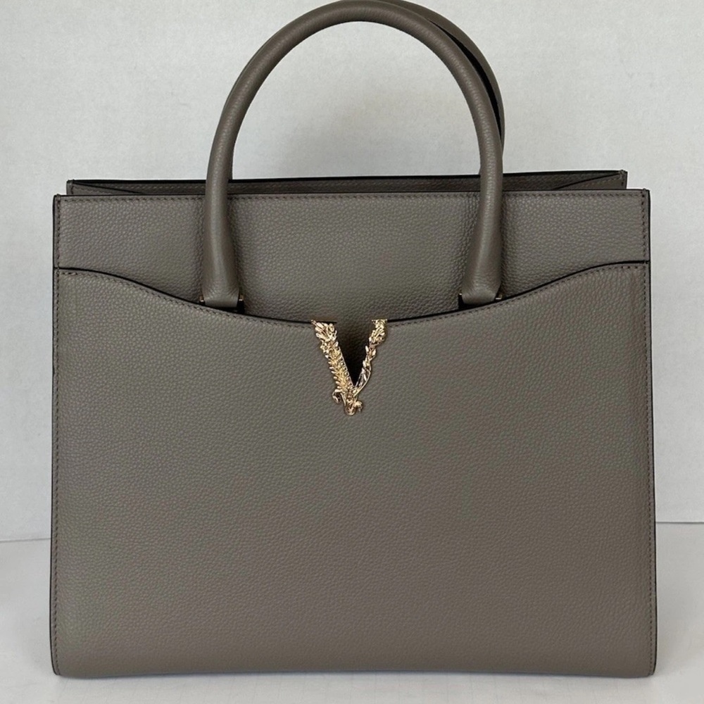 Versace Handbag Gray Satchel with Gold V Hardware $2100 Retail